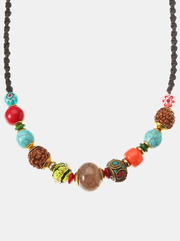 Collier Ethnique Femme Cristal Turquoise Bell Corde Collier