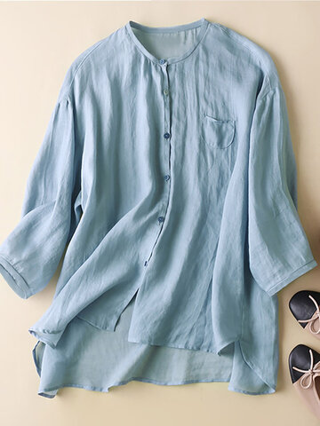 Однотонная блузка с высоким и низким подолом и V-образным вырезом