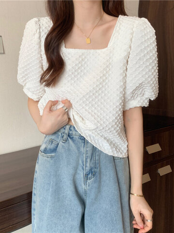 Solid Puff Sleeve Textured Blouse