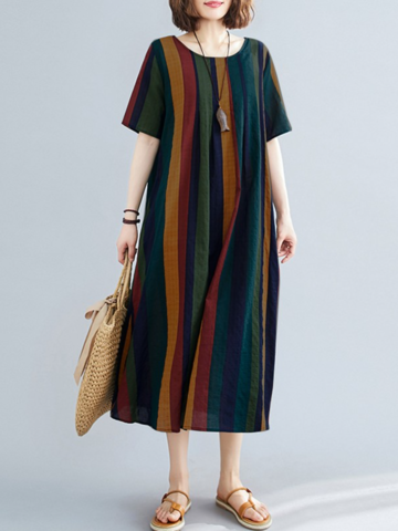 Stripe Short Sleeve Casual Midi Dress