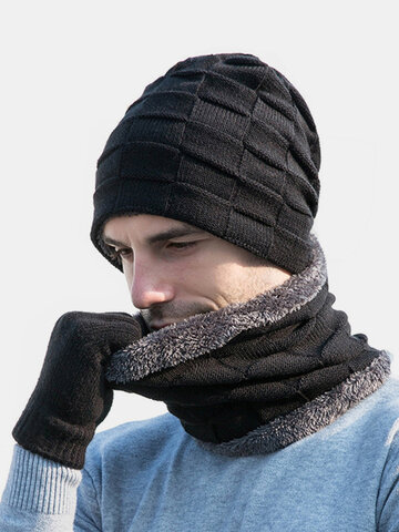 Men 2/3PCS Velvet Keep Warm Winter Knitted Hat Beanie