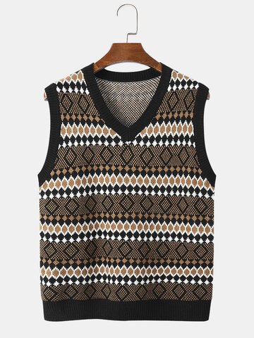 Knit Argyle Striped Printed Sweaters Vest
