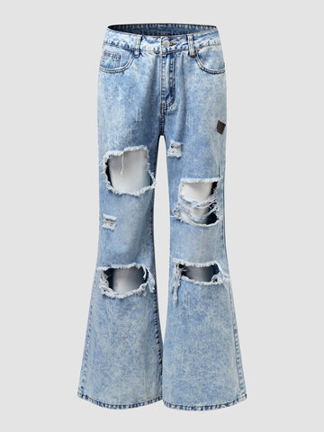 Ripped Pocket Flare Denim Jeans