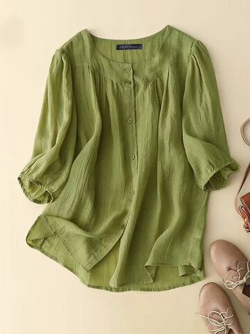 Solid Pleated Button Front Shirt