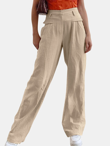 Solid Color Zipper High Waist Pants