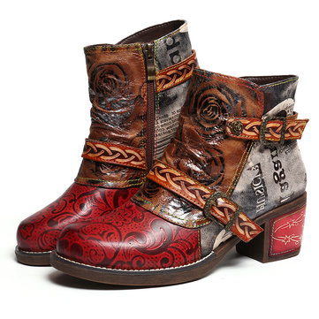 Embossed Rose Leather Splicing Boots