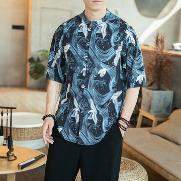 

Chinese Style Season Loose Crane Printing Shirt Thin Section Buckle Floral Shirt Male Short-sleeved Retro Beach Top
