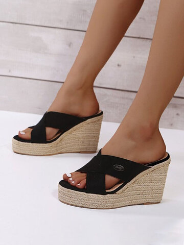 Cross Band Espadrille Wedges Slippers