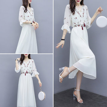 

White Chiffon Embroidered Dress Female Season New Very Fairy French Niche Retro V-neck A Word Skirt