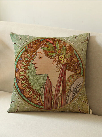 European Female Portrait Painting Linen Throw Pillow Cover