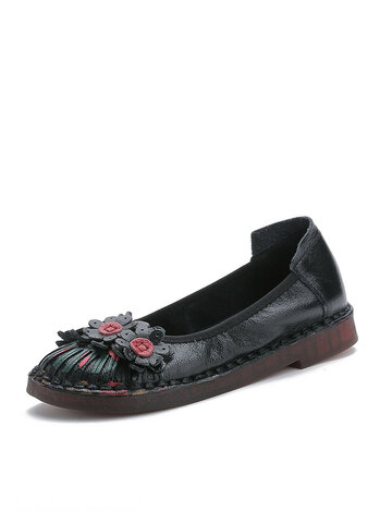Socofy Leather Handmade Stitching Floral Flats