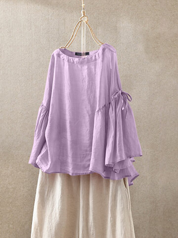 Solid Bell Sleeve Loose Blouse