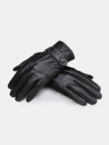  Black Windproof  PU Leather Men's Cycling Drive Covered Button Gloves 