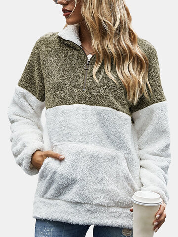 Plush Lapel Collar Zipper Sweater