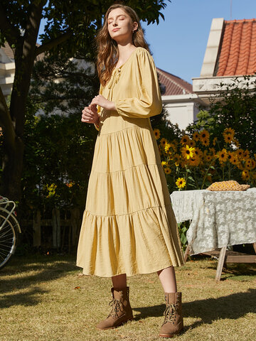 Solid Knotted Pleated Casual Dress