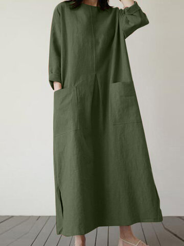 Einfarbig Doppeltaschen mit Saumschlitz Kleid