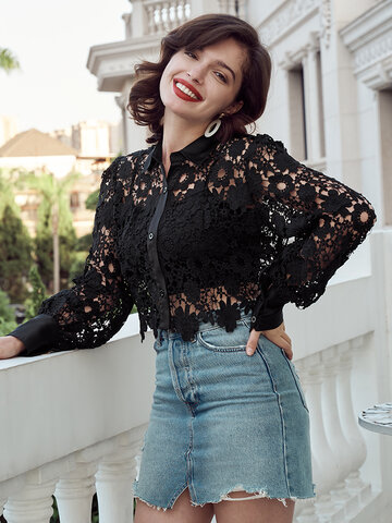 Floral Lace Hollow Solid Blouse