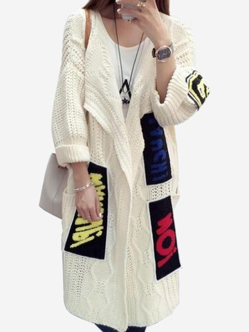 Knited Letters Patch Long Sweater Cardigan