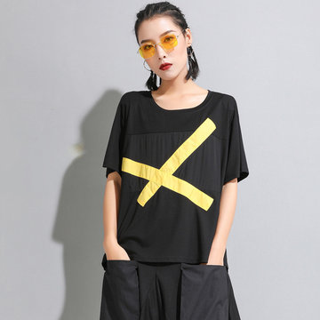 

Europe And America Ins Women's T-shirt Dark Black Yellow Spell Cross Short Sleeve Season New Casual Tide T-shirt Women's Shirt