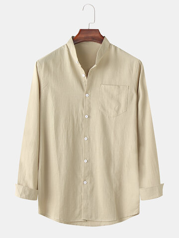 Plain Solid Color Collarless Chest Pockets Long Sleeve Shirt