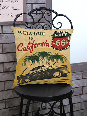 Vintage Route 66 Classic Cars Pattern Linen Cushion Cover
