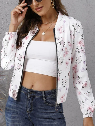 Flower Print Long Sleeve Zip Front Jacket 