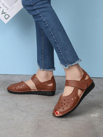 Leather Comfy Hollow Hand Stitching Sandals