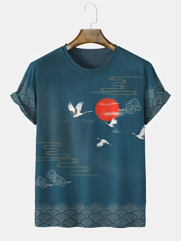 Cloud Crane Print Japanese T-Shirts