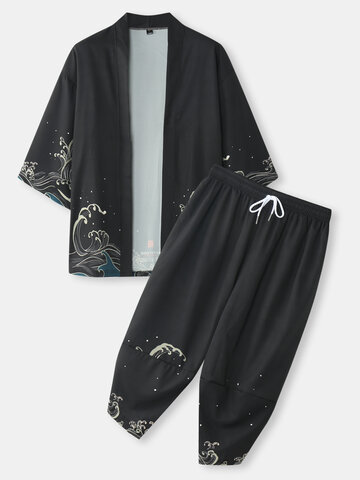 Japanese Style Wave Print Kimono Outfits