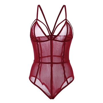 

Sexy See Through Deep Plunge Mesh Abdomen Shaping Hollow Out Shapewear For Women, Black wine red