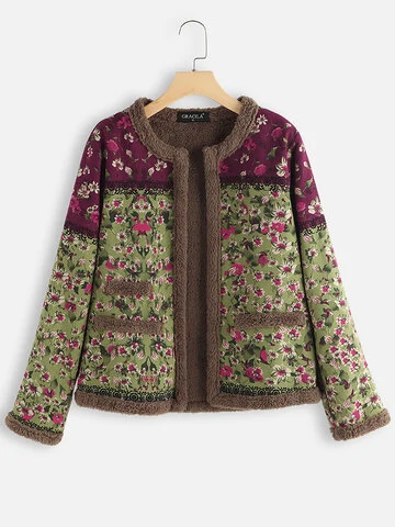 Vintage Floral Print Patch Fleece Long Sleeve Jacket 