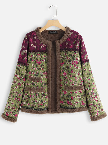 Floral Print Patch Fleece Jacket