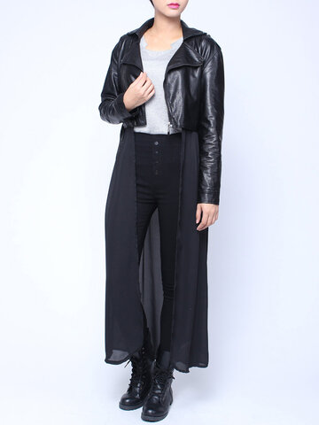 Fashion Black Zipper Lapel Long Hem Slim PU Leather Jacket