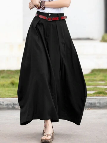 Leisure Solid Button Ruched Zip Pocket Maxi Skirt