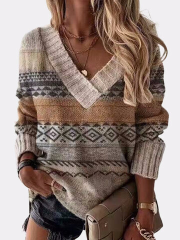 Geometric Print Patchwork V-neck Casual Sweater For Women