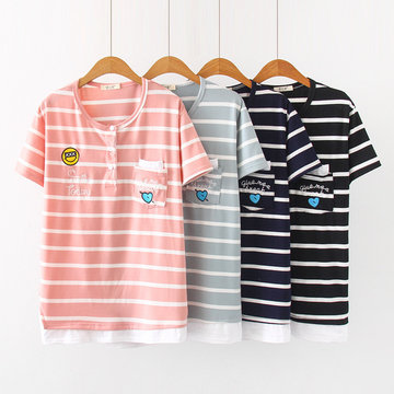 

Japanese Sen Female Season New Children's Fun Embroidery Striped Loose Round Neck Short-sleeved T-shirt Female Wild Shirt