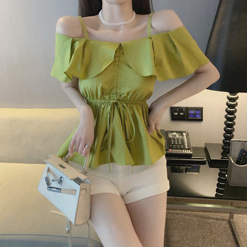 

With The Season, The New Foreign Gas Sling Shirt Female Design Sense Lotus Leaf Shirt Off The Shoulder Shirt Af1775
