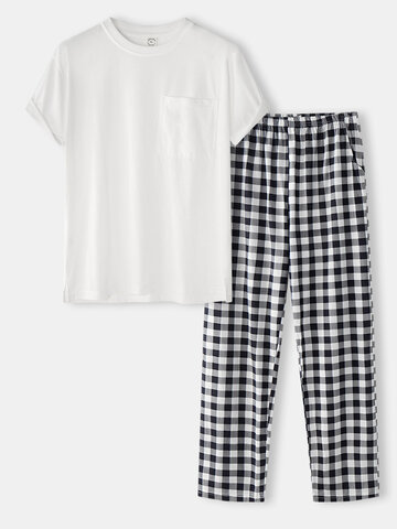Solid Split Hem Plaid Pants Pajamas