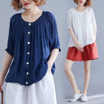 

Season New Loose Large Size Was Thin Literary Fan Comfortable Solid Color Cardigan Short-sleeved Shirt T-shirt
