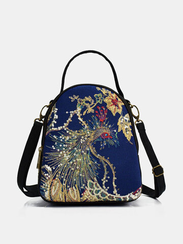 Ethnic Embroidered Sequined Canvas Peacock Handbag Crossbody Bag