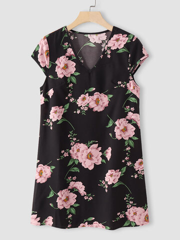 Flower Print Short Sleeve V-neck Dress