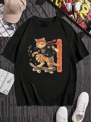 Japanese Skateboard Cat Print T-Shirts