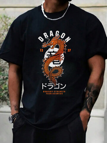 Japanese Dragon Letter Print T-Shirts