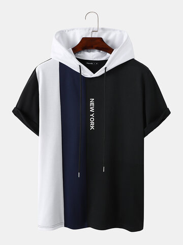 Letter Print Patchwork Hooded T-Shirts