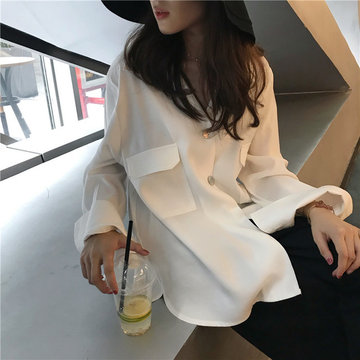 

New Hong Kong-flavored Shirt Loose Temperament Design Sense Pocket Solid Color White Shirt Women's Clothing