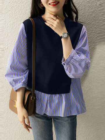 Stripe Patchwork Puff Sleeve Blouse