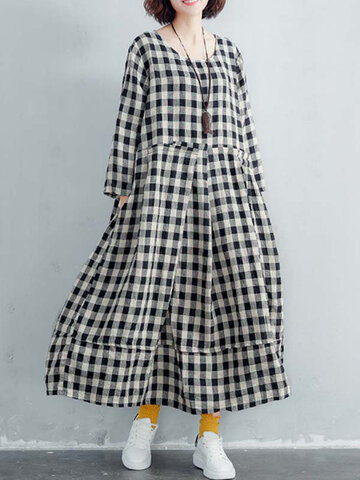 Vintage Plaid Crew Neck Plus Size Dress