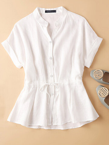 Solid Button Drawstring Casual Cotton Blouse