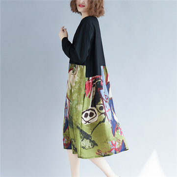 

Casual Pactwork Long Sleeve O-neck Printed Dress