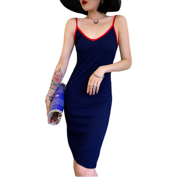 

Simple Color Matching Suspender Dress New Ladies Temperament Was Thin Word Shoulder Long Back Skirt